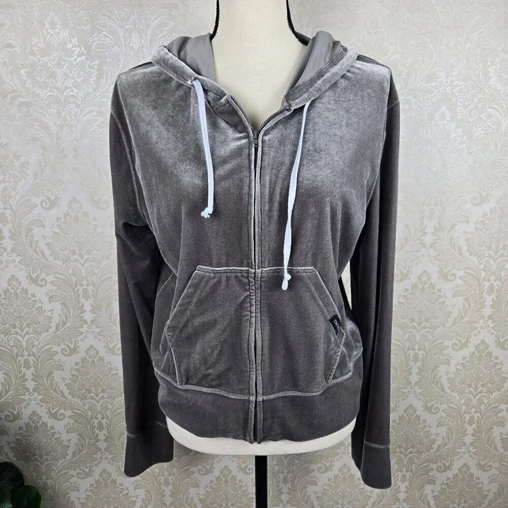 DKNY Sz Large Gray Velour Zip Front Casual Jacket Drawstring Hood Front Pockets
